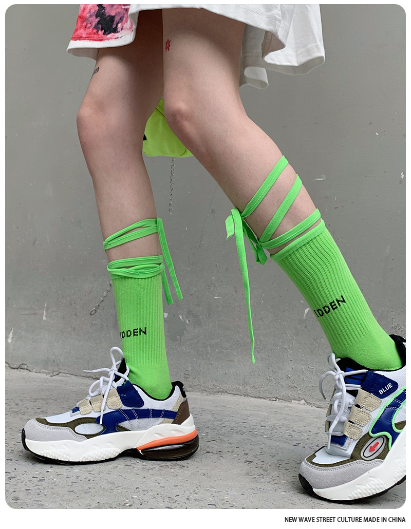 พร้อมส่ง ถุงเท้า เด็ก-ผู้ใหญ่ แบบยาว มีสายไขว้ ผูกข้อขา สีพื้น