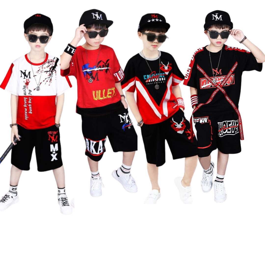 ชุดเต้น ฮิปฮอป เสื้อแขนสั้นขาวแดง+กางเกงดำ