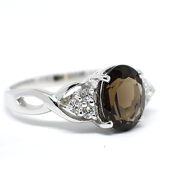 แหวนเงินแท้ราคาถูกชุบทองคำขาว พลอยแท้สโมกกี้ควอทซ์ 1.70 กะรัต เพชรCZ 0.15 กะรัต งานประณีตสวยงาม สั่งผลิตค่ะ