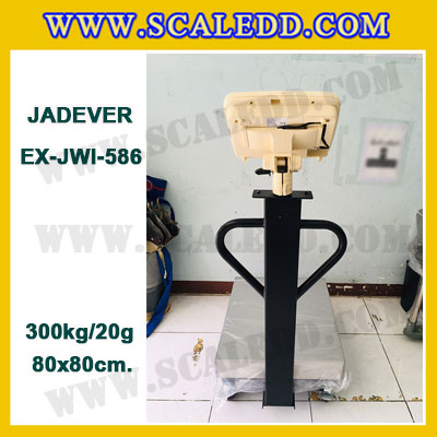 เครื่องชั่งดิจิตอลตั้งพื้น ยี่ห้อ JADEVER รุ่น EX-JWI-586 ขนาดแท่น 80x80cm. พิกัดน้ำหนัก 300kg ค่าละเอียด 20g พร้อมที่เข็นและล้อ