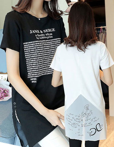 เสื้อแฟชั่นกึ่งเดรสคอกลมแขนสั้น ต่อชายผ้าแก้วสกรีนภาษาอังกฤษสวยน่ารักสไตล์เกาหลี 2 สี รหัส 1789