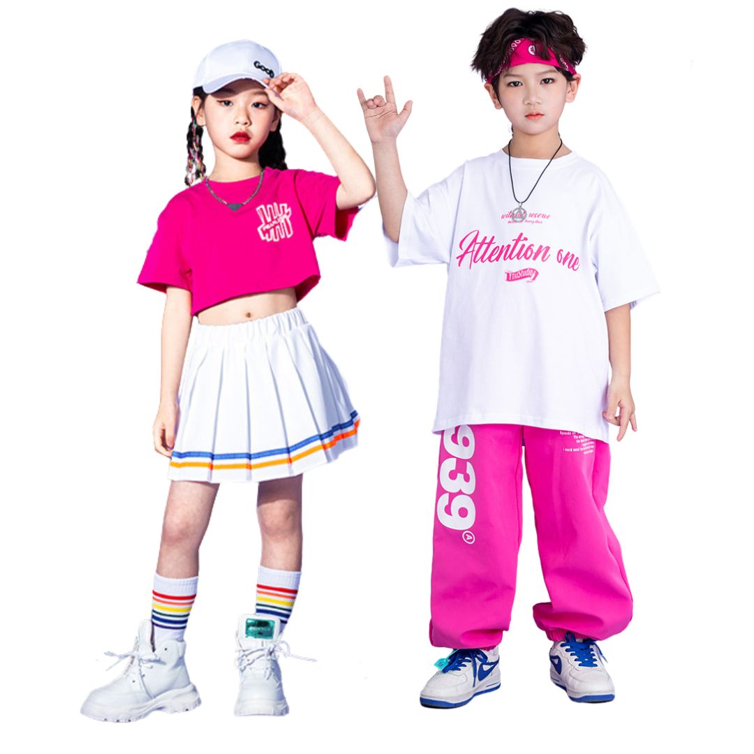 พร้อมส่ง ชุดเต้น ชุดแดนซ์ เสื้อสีขาว+กางเกงขายาว/กระโปรง สีชมพู