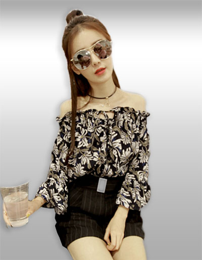 เสื้อแฟชั่น กึ่งเอวลอย โชว์ไหล่ พิมพ์ลายดอกไม้น่ารักสไตล์เกาหลี รหัส 1537