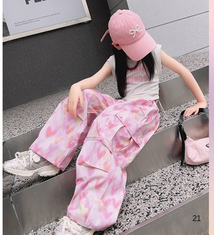 กางเกงเด็กหญิง ขายาวแต่งลายหัวใจสีชมพู