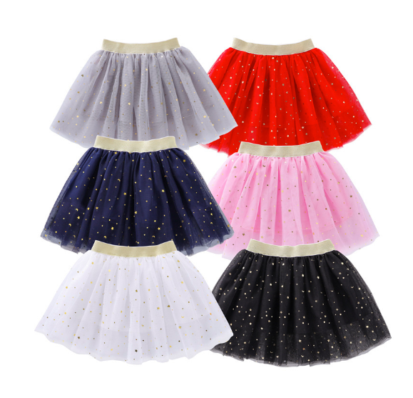 กระโปรงเด็ก ทรงสั้นบาน ลายดาว ผ้ามุ้ง แต่งดาว