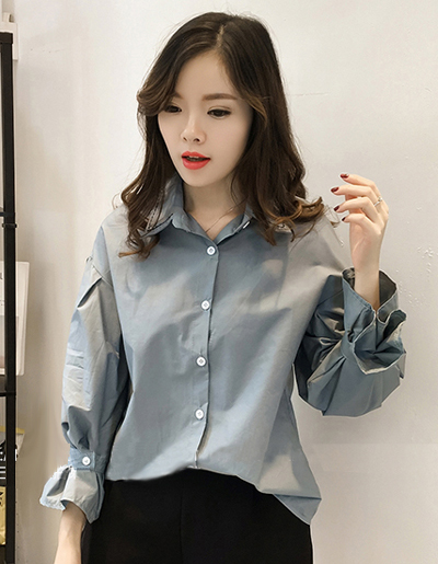 เสื้อแฟชั่นคอปก สไตล์เกาหลี รหัส 1596-สีฟ้าน้ำทะเล