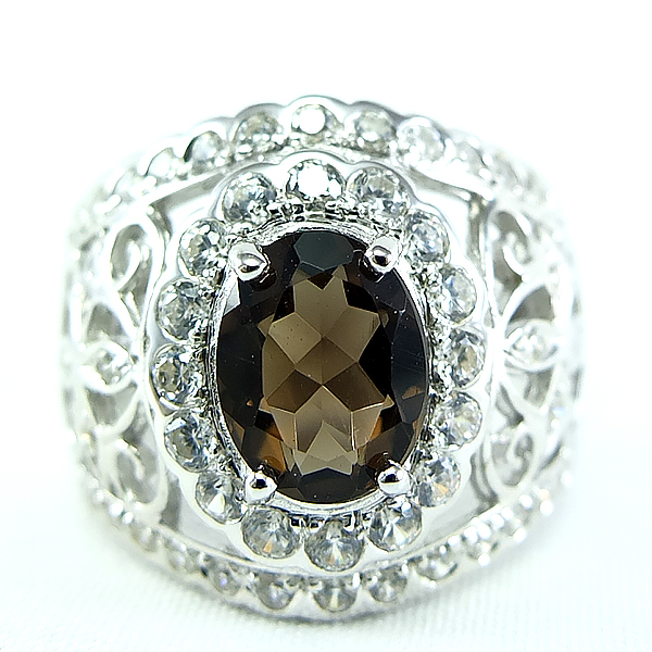 แหวนเงินแท้ราคาถูกชุบทองคำขาว พลอยแท้สโมกกี้ควอทซ์ 2.25 กะรัต เพชรCZ 1.09 กะรัต งานประณีตสวยงาม สั่งผลิตค่ะ