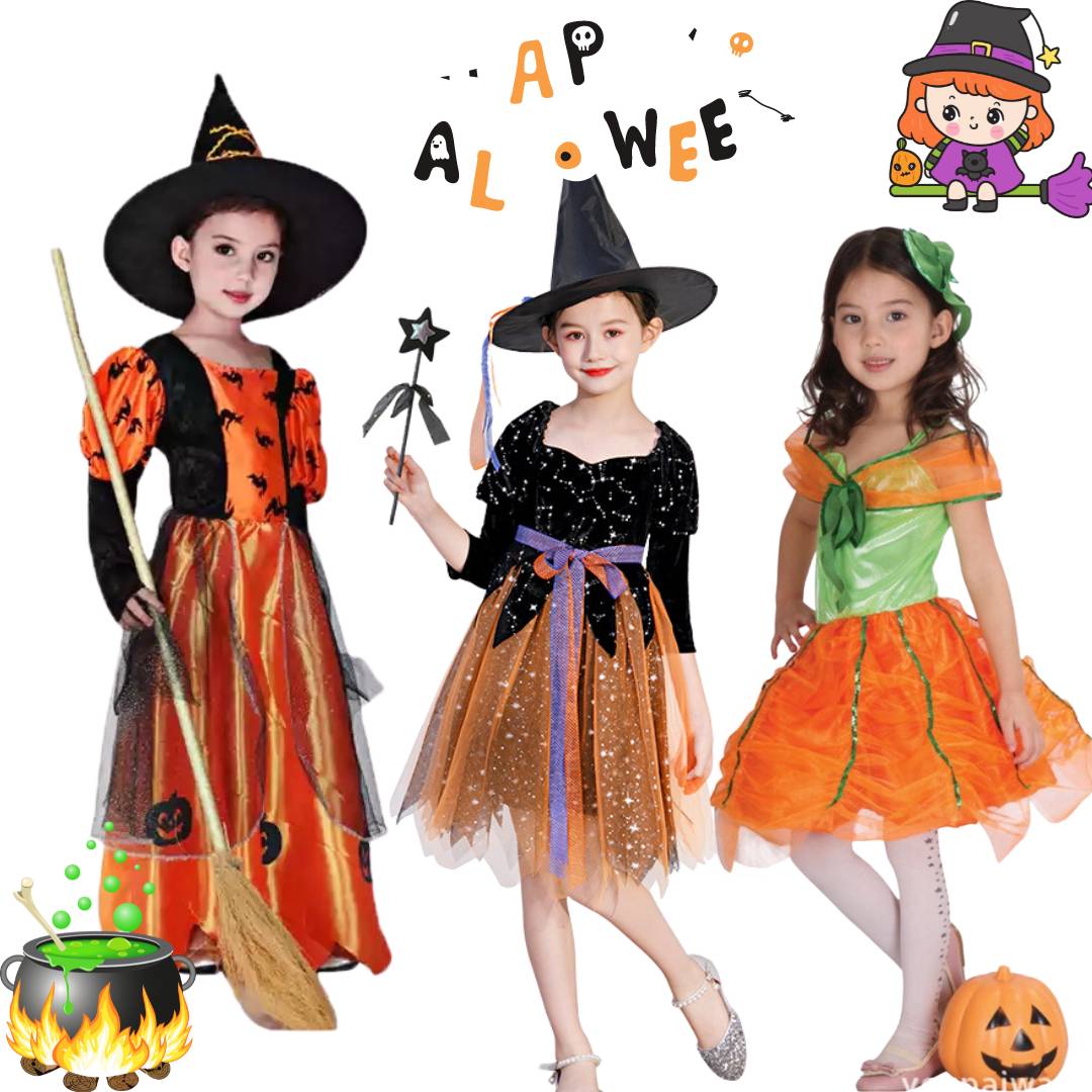ชุดฮาโลวีน haloween เด็ก เดรสยาวสีส้ม-ดำ