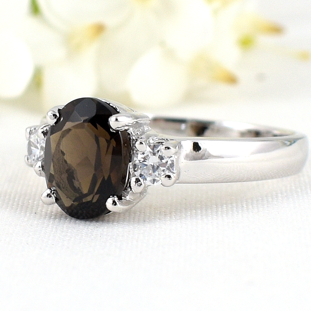 แหวนเงินแท้ราคาถูกชุบทองคำขาว พลอยแท้สโมกกี้ควอทซ์ 1.70 กะรัต เพชรCZ 0.20 กะรัต งานประณีตสวยงาม สั่งผลิตค่ะ