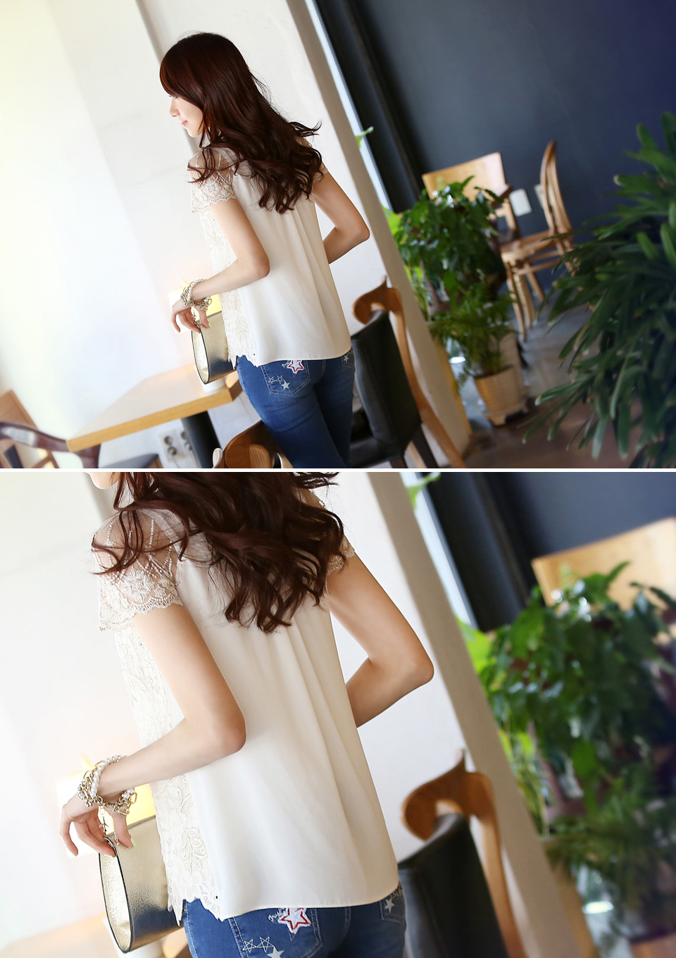 เสื้อแฟชั่น แขนสั้น ปักมุกที่คอเสื้อ ด้านหน้าและแขนเสื้อเป็นผ้าซีทรูปักด้วยด้ายทองสลับขาวลายดอกไม้