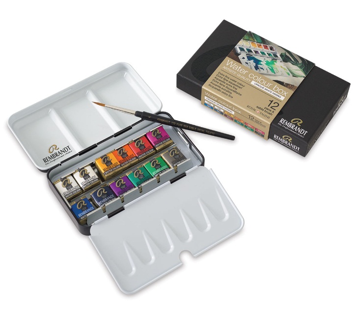 ชุดสีน้ำกล่องโลหะ Rembrandt 12สี พร้อมพู่กัน (Opaque White Mixing)