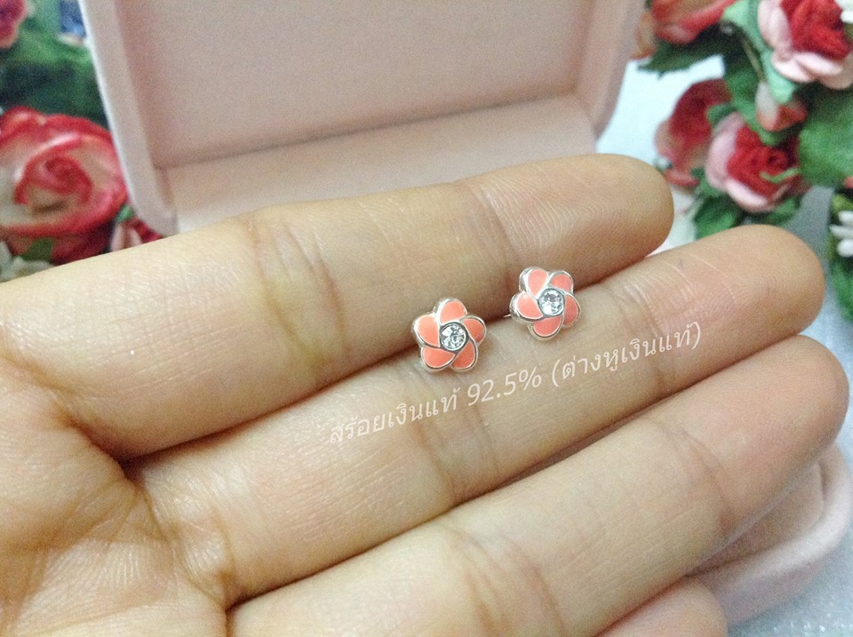 ต่างหูเงินแท้จิ๋ว ดอกไม้สีส้ม