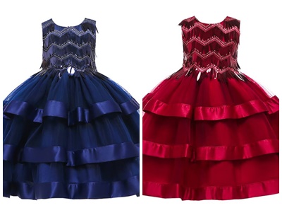 ชุดออกงานเด็ก เดรสระบายชั้น แต่งขนนก