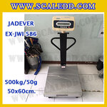 เครื่องชั่งดิจิตอลตั้งพื้น ยี่ห้อ JADEVER รุ่น EX-JWI-586 ขนาดแท่น 50x60cm. พิกัดน้ำหนัก 500kg ค่าละเอียด 50g พร้อมที่เข็นและล้อ