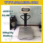 เครื่องชั่งดิจิตอลตั้งพื้น ยี่ห้อ JADEVER รุ่น EX-JWI-586 ขนาดแท่น 80x80cm. พิกัดน้ำหนัก 300kg ค่าละเอียด 20g พร้อมที่เข็นและล้อ