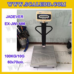 เครื่องชั่งดิจิตอลตั้งพื้น ยี่ห้อ JADEVER รุ่น EX-JWI-586 ขนาดแท่น 60x70cm. พิกัดน้ำหนัก 100kg ค่าละเอียด 10g พร้อมที่เข็นและล้อ