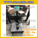 เครื่องชั่งน้ำหนักดิจิตอลพร้อมล้อ300กิโลกรัม เครื่องชั่งตั้งพื้น300กิโล เครื่องชั่งพร้อมล้อ300kg ตาชั่ง300kg ความละเอียด20g ตาชั่ง300กิโล ยี่ห้อ JADEVER รุ่น JWI-3000W แท่นชั่งเหล็กฝาครอบเหล็กขนาด 60x80cm พร้อมที่เข็นและล้อ