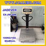 เครื่องชั่งดิจิตอลตั้งพื้น ยี่ห้อ JADEVER รุ่น EX-JWI-586 ขนาดแท่น 60x80cm. พิกัดน้ำหนัก 100kg ค่าละเอียด 10g พร้อมที่เข็นและล้อ