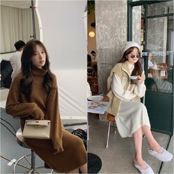 เดรสยาวคอเต่าไหมพรม รุ่นแขนพอง มี 2 สี