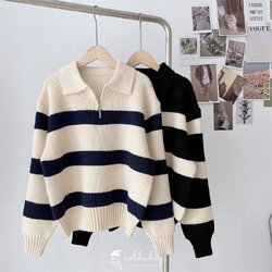 เสื้อไหมพรมโปโล Cozy Stripes Sweater