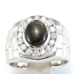 แหวนเงินแท้ราคาถูกชุบทองคำขาว แบล็คสตาร์แซฟไฟร์แท้ 3.60 กะรัต เพชรCZ 0.64 กะรัต งานประณีตสวยงาม สั่งผลิตค่ะ