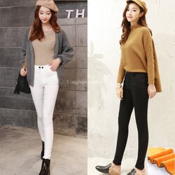 กางเกงสกินนี่วูลกันหนาว รุ่นซิปมีกระดุม Skinny Wool ขาว/ดำ