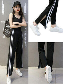 กางเกงขายาวสีดำแต่งลายขลิบข้างสีขาวสองเส้น แสนเก๋แต่งซิปรูดสไตล์สาวสปอร์ต รหัส 1758