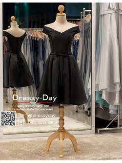 รหัส ชุดราตรีสั้น : BB054 ชุดแซก ชุดราตรี สีดำ ผ้าไหม ไหล่ปาด เรียบหรูเหมาะใส่ออกงานกลางคืน งานคอกเทล