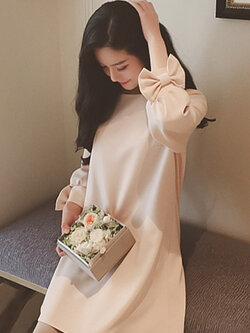 ชุดเดรสแฟชั่น แขนยาว แต่งโบว์ปลายแขนเสื้อ-1445-สีชมพู