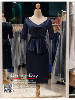 รหัส ชุดเจ้าภาพ :PFS056 ชุดราตรีสั้น สีน้ำเงิน แบบมีแขน minmal style เรียบหรู ใส่ได้หลากหลายโอกาส