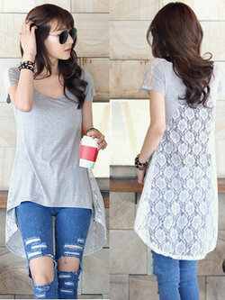 เสื้อแฟชั่นหางปลา สีเทา ต่อผ้าลูกไม้ ตามแบบมี 2 ไซส์ รหัส 1158-สีเทา