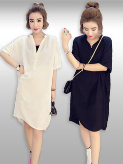 ชุดเดรสแฟชั่นสีพื้นคอวีแบบสวยเก๋สไตล์เกาหลีมี2สี รหัส2046