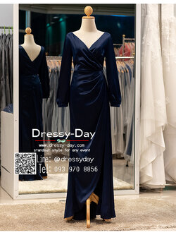 รหัส ชุดเจ้าภาพ : PFL141 ชุดแม่เจ้าสาว ชุดไปงานแต่งมีแขน ชุดราตรียาว แขนยาว จับเดรป สวย เรียบ หรูดูแพง