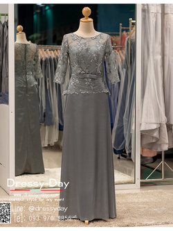 รหัส ชุดราตรี : PFL079 ชุดราตรียาวมีแขนตกแต่งด้วยลูกไม้งานสวย ชุดไปงานแต่งสีเทา เรียบหรู เหมาะสำหรับงานแต่งงาน งานกลางคืน กาล่าดินเนอร์ ชุดออกงาน