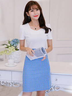 ชุดเดรสแฟชั่นแขนสั้นต่อกระโปรงลายตารางน้ำเงินขาว สไตล์เกาหลี รหัส 1637