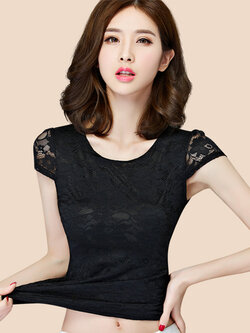 เสื้อยืดแฟชั่นสีดำคอกลม แขนเต่อใส่สบายด้วยเนื้อผ้าชีฟอง-1496