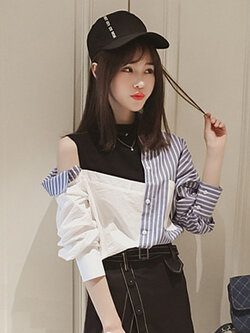 เสื้อเชิ๊ตแฟชั่นแต่งสองสี โชว์ไหล่ข้างเดียวสไตล์เกาหลี รหัส 1665