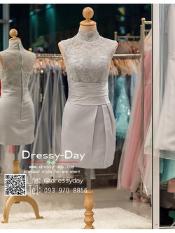 รหัส ชุดราตรีสั้น : BB090 ชุดแซก ชุดราตรี สีเทา คอสูง แขนกุด ลูกไม้ มีแขนเรียบหรูเหมาะใส่ออกงานกลางคืน งานคอกเทล
