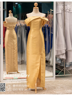 รหัส ชุดราตรียาวคนอ้วน : PK012 ชุดแซก ชุดราตรียาวมีแขน หรู สีทอง ไหล่ปาด ผ้าไหม เรียบหรู เหมาะสำหรับงานแต่งงาน งานกลางคืน กาล่าดินเนอร์