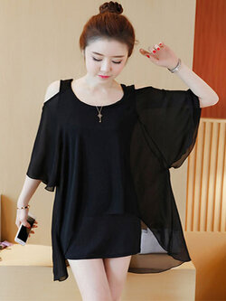 ชุดเดรสแฟชั่นแขนกุด แต่งเว้าไหล่ทรงพริ้ว สไตล์เกาหลี รหัส 1682-สีดำ