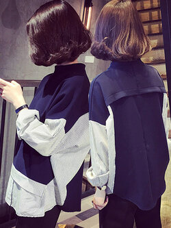 เสื้อเชิ๊ตแฟชั่นคอกลม แต่งแขนลายริ้ว สวยปนเท่ห์สไตล์เกาหลี รหัส 1472