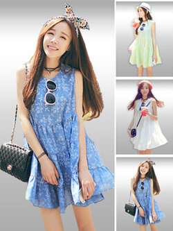 ชุดเดรสแฟชั่นทรงบานแขนกุด น่ารักๆ สไตล์เกาหลี มี 3 สี รหัส 1905