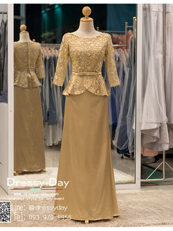 รหัส ชุดราตรี : PFL081 ชุดราตรียาวมีแขน ชุดไปงานแต่งสีทอง เรียบหรู เหมาะสำหรับงานแต่งงาน งานกลางคืน ชุดออกงาน ชุดไทยประยุกต์
