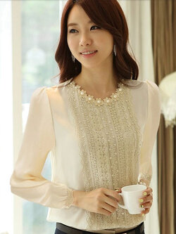 เสื้อแฟชั่นสีแอปริคอตแต่งมุกที่คอใส่ออกงานได้สวยหรู รหัส 1986