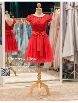 รหัส ชุดราตรีสั้น : BB033 ชุดราตรีสั้น เดรสออกงาน ชุดไปงานแต่งงานสีแดง ชุดแซกงานสวยมาก ประดับโบว์ที่เอวเพิ่มความน่ารัก