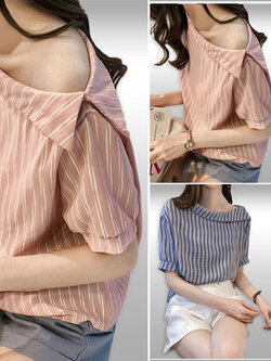 เสื้อแฟชั่นคอปาดลายริ้วแบบสวยหวาน มี2สี รหัส2081