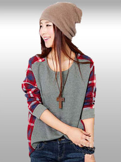 เสื้อแฟชั่นคอกลมแขนยาวแต่งลายสก็อต รหัส 2204