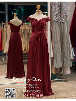 รหัส ชุดราตรี : PFL027 ชุดราตรียาวพร้อมส่ง สีไวน์แดง แบบมีแขนเปิดไหล่ โอบไหล่ จับเดรปอก ผ้าเครปซาตินอย่างดี ใส่ไปงานแต่งงานกลางคืน ชุดงานเลี้ยง ชุดพิธีกร น่ารักมาก