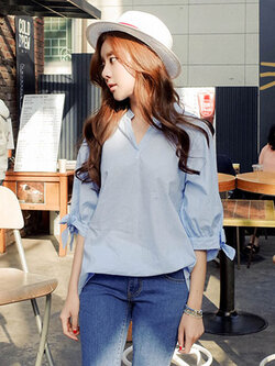 เสื้อเชิ๊ตแฟชั่นคอจีนแต่งลายสีฟ้า แบบสวยหรูดูดีใส่สบายๆ รหัส 1936