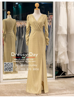 รหัส ชุดราตรียาว : PFL111 ชุดไปงานแต่งสีทอง พร้อมส่ง แบบมีแขน ชุดไปงานแต่งงานกลางคืน ธีม gliter เรียบ หรู ดูแพง คนอ้วนใส่สวย